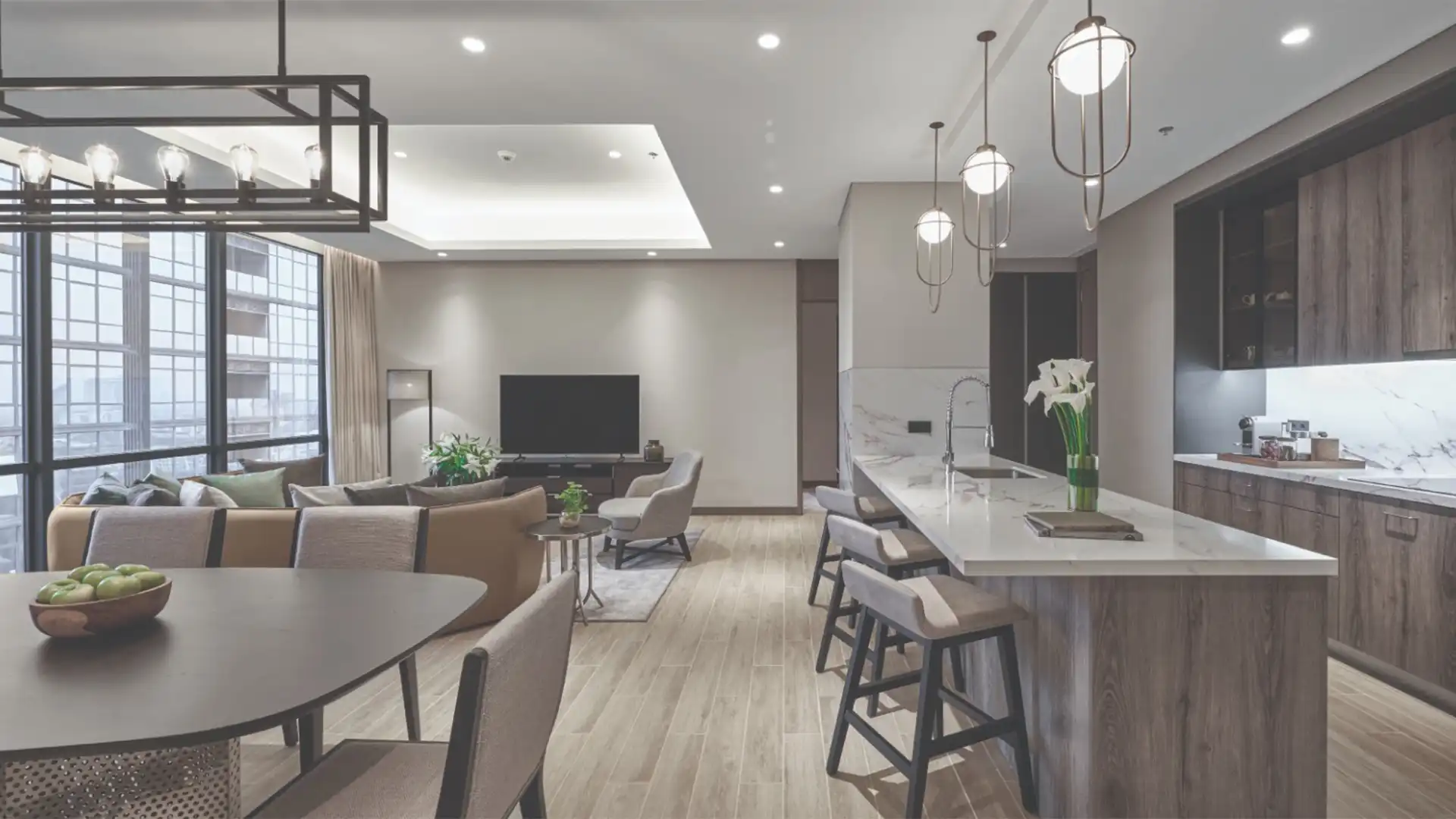 ASTHA RESIDENCE-3BR-DINING, KITCHEN & LIVING AREA FROM CORRIDOR Large 3BR Serviced Apartment – ASHTA Residence
